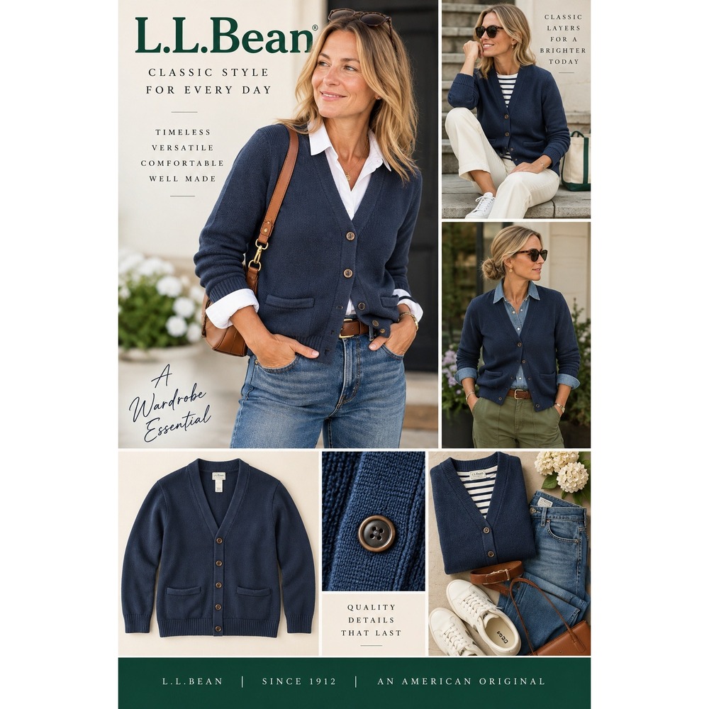 LL Bean Navy Blue 100% Cotton Shaker Stitch Cardigan Sweater Large L-REG